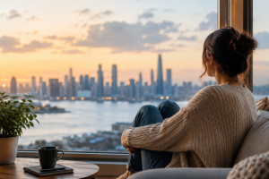 Femme expatriée seule regardant la ville depuis son appartement