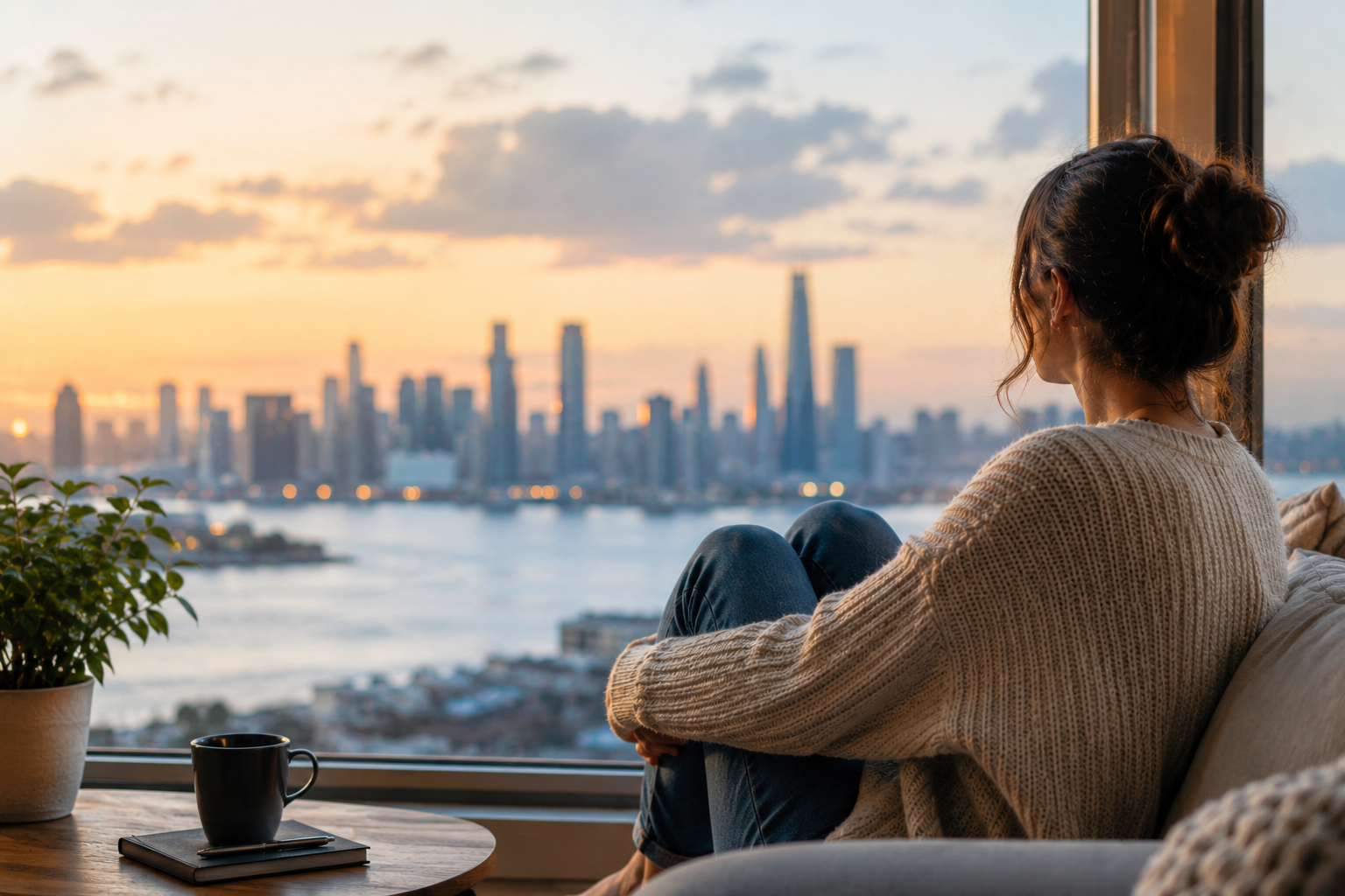 Femme expatriée seule regardant la ville depuis son appartement